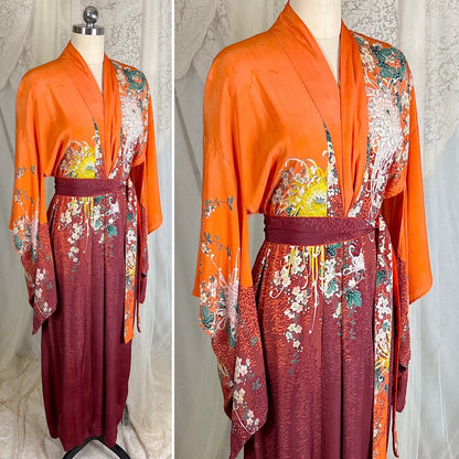 Antique 1920's Orange & Burgundy Floral Print Silk Japanese Kimono Robe, size Free - Daggers & Dames