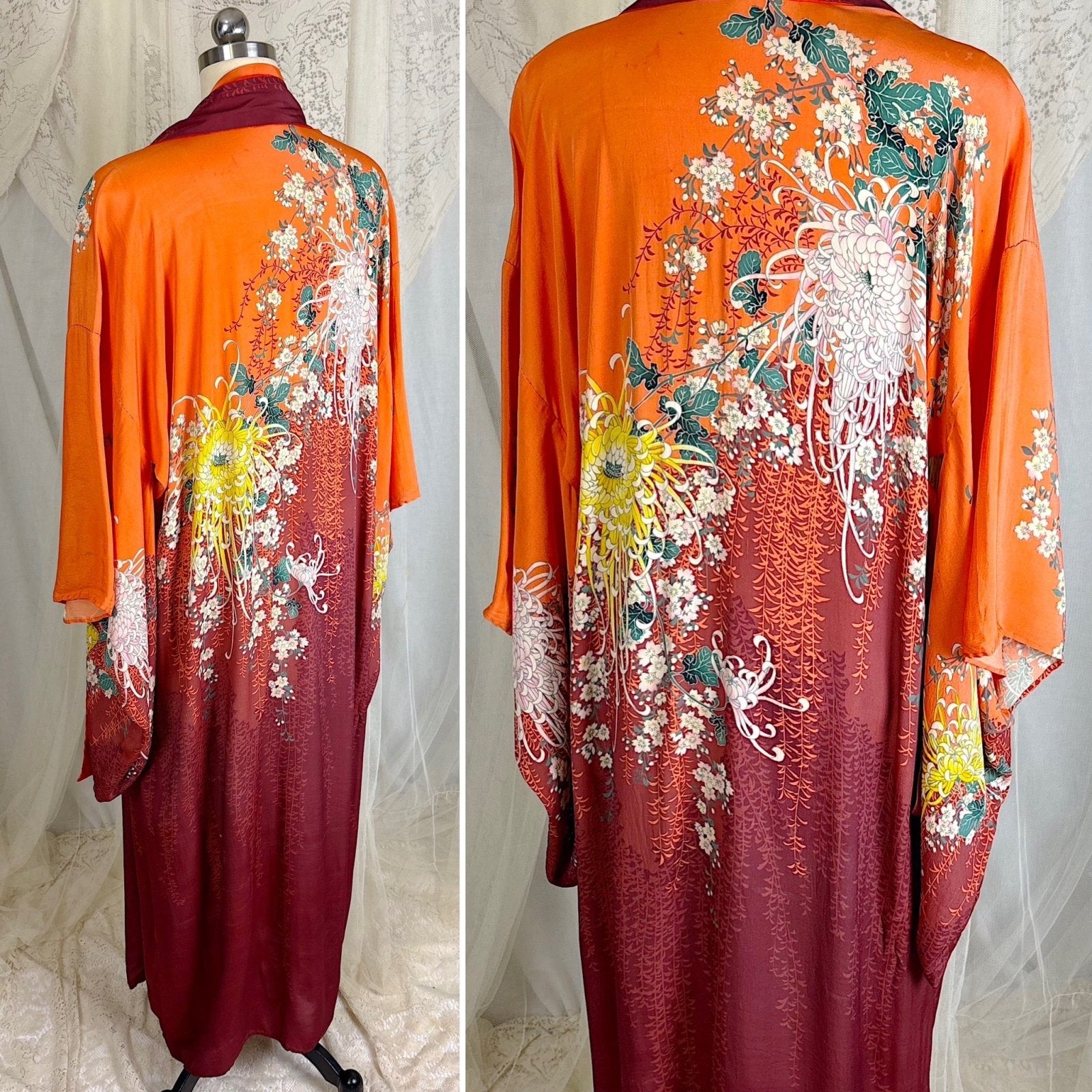 Antique 1920's Orange & Burgundy Floral Print Silk Japanese Kimono Robe, size Free - Daggers & Dames