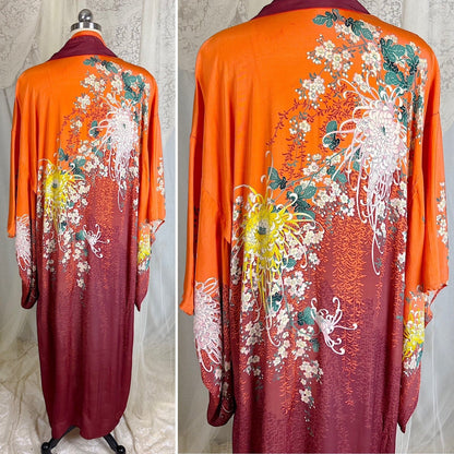Antique 1920's Orange & Burgundy Floral Print Silk Japanese Kimono Robe, size Free - Daggers & Dames