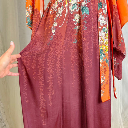 Antique 1920's Orange & Burgundy Floral Print Silk Japanese Kimono Robe, size Free - Daggers & Dames