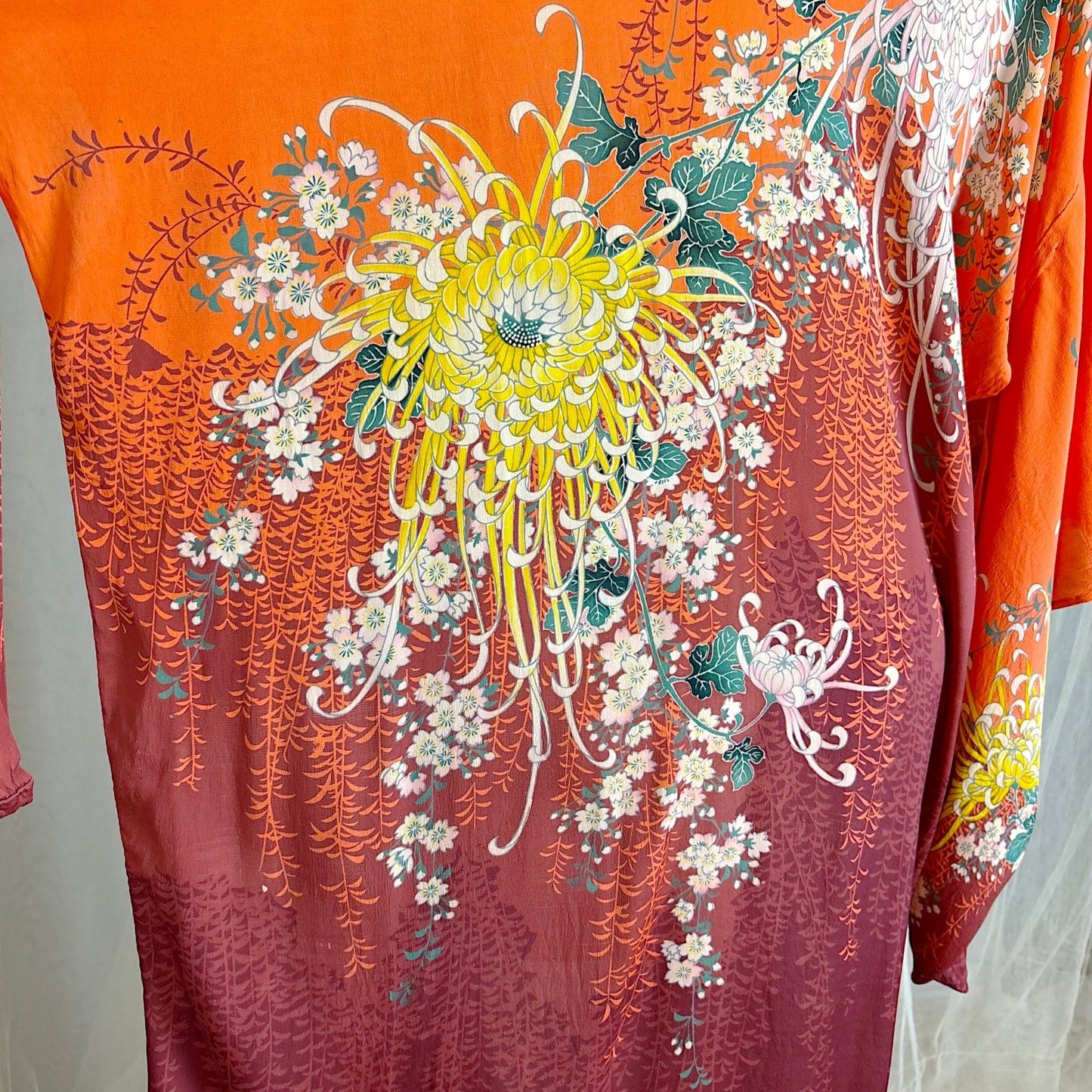 Antique 1920's Orange & Burgundy Floral Print Silk Japanese Kimono Robe, size Free - Daggers & Dames