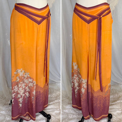 Antique 1920's Orange & Burgundy Silk Japanese Kimono Style Palazzo Lounge Pants with Matching Satchel, size S, M - Daggers & Dames