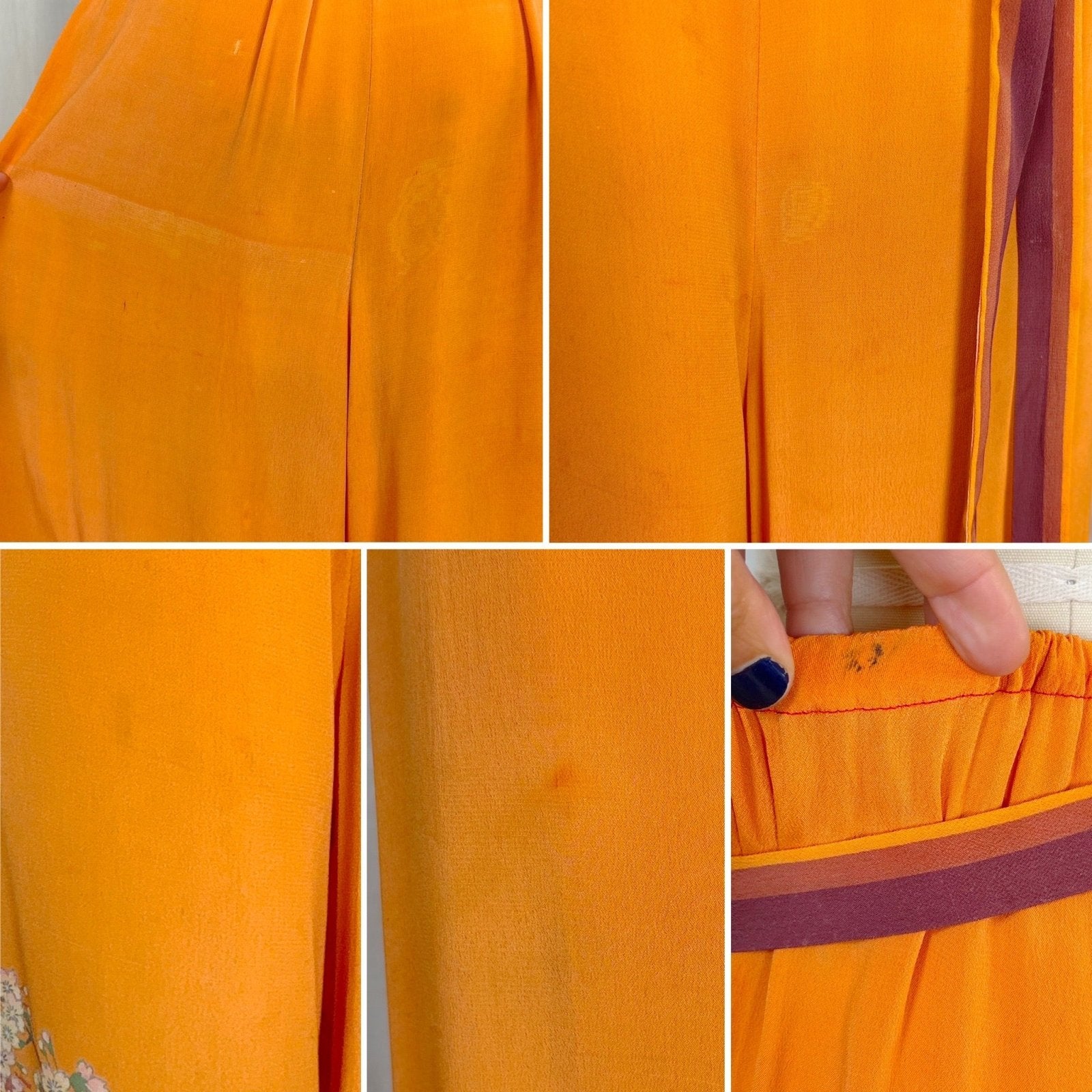 Antique 1920's Orange & Burgundy Silk Japanese Kimono Style Palazzo Lounge Pants with Matching Satchel, size S, M - Daggers & Dames