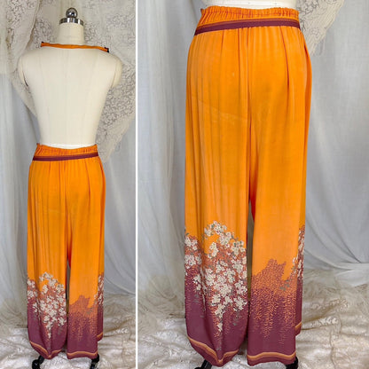 Antique 1920's Orange & Burgundy Silk Japanese Kimono Style Palazzo Lounge Pants with Matching Satchel, size S, M - Daggers & Dames