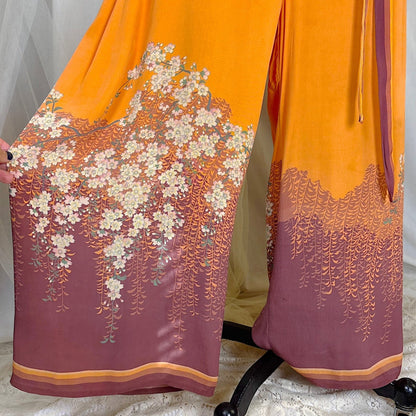 Antique 1920's Orange & Burgundy Silk Japanese Kimono Style Palazzo Lounge Pants with Matching Satchel, size S, M - Daggers & Dames