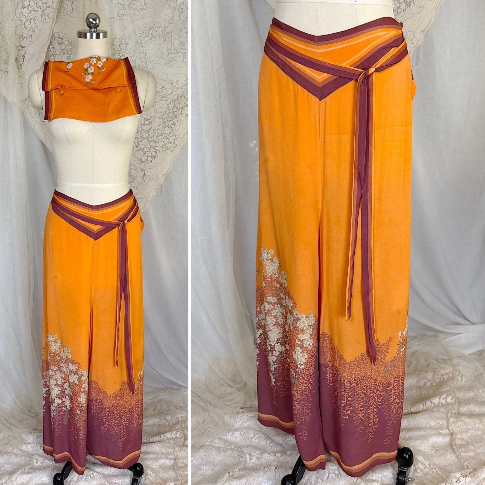 Antique 1920's Orange & Burgundy Silk Japanese Kimono Style Palazzo Lounge Pants with Matching Satchel, size S, M - Daggers & Dames