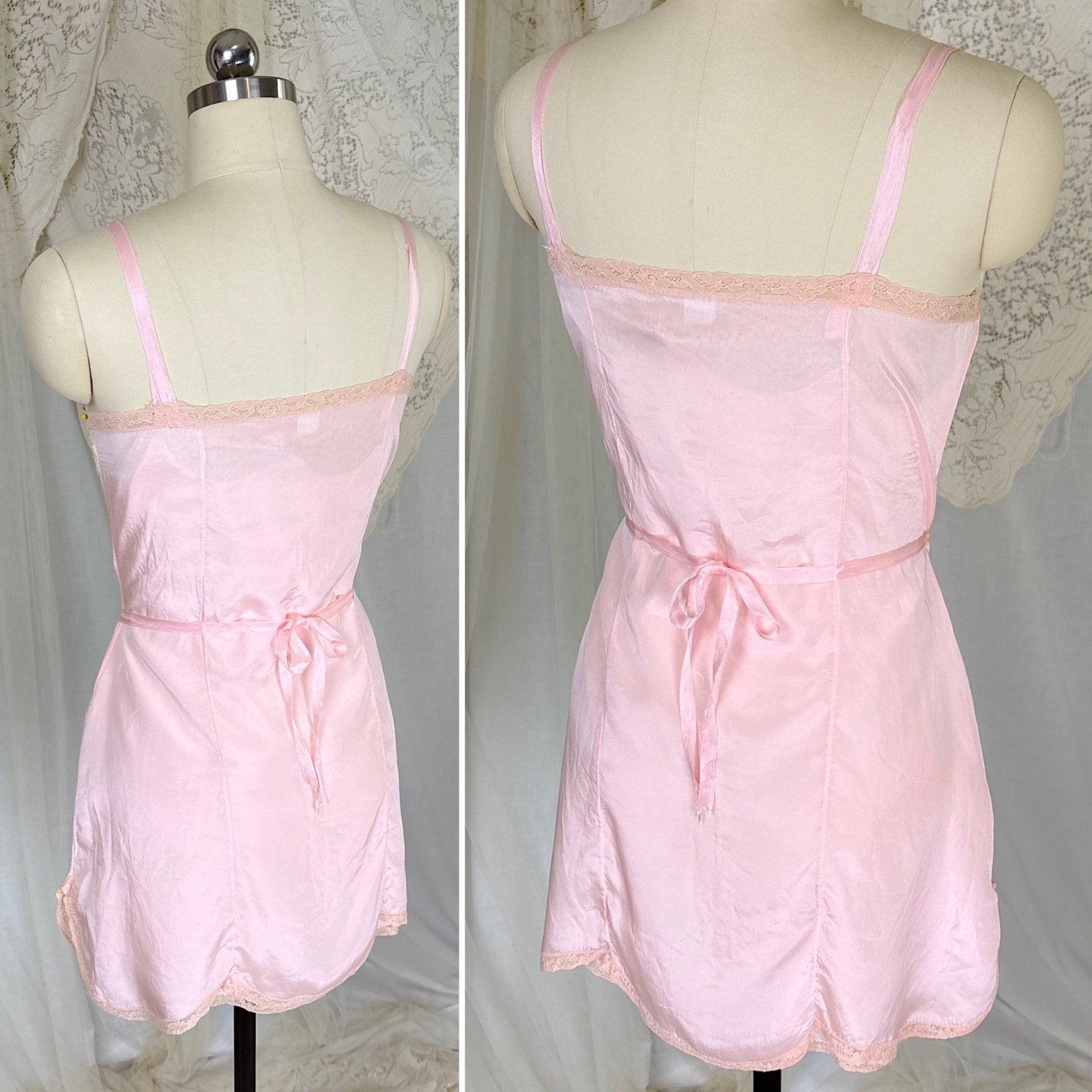 Antique 1920's Pale Pink Silk Chemise with Ecru Cotton Lace, size XS, S - Daggers & Dames