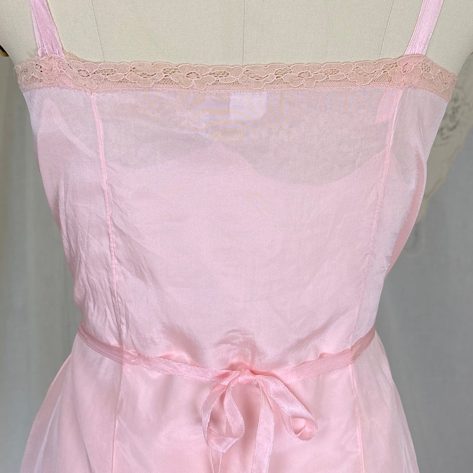 Antique 1920's Pale Pink Silk Chemise with Ecru Cotton Lace, size XS, S - Daggers & Dames
