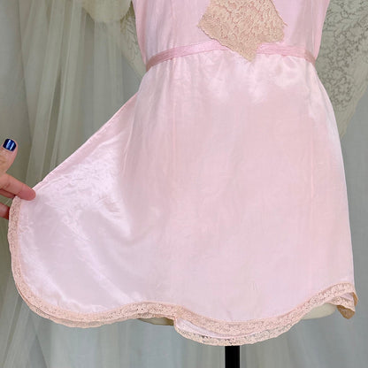 Antique 1920's Pale Pink Silk Chemise with Ecru Cotton Lace, size XS, S - Daggers & Dames