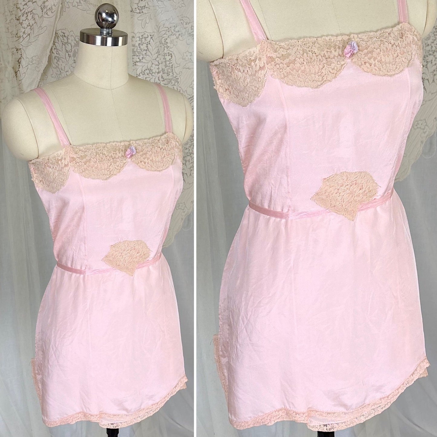 Antique 1920's Pale Pink Silk Chemise with Ecru Cotton Lace, size XS, S - Daggers & Dames