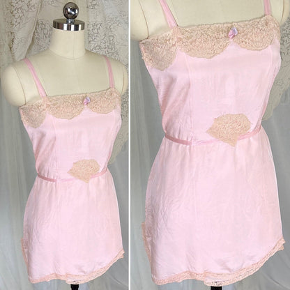 Antique 1920's Pale Pink Silk Chemise with Ecru Cotton Lace, size XS, S - Daggers & Dames
