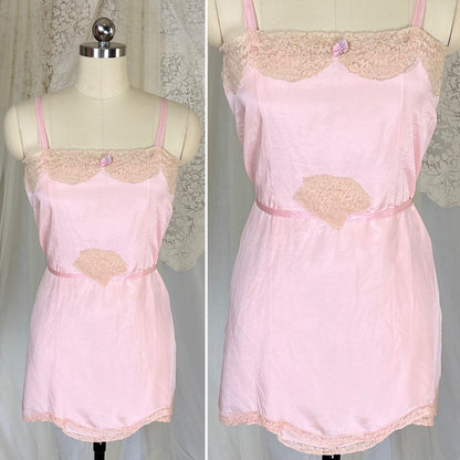 Antique 1920's Pale Pink Silk Chemise with Ecru Cotton Lace, size XS, S - Daggers & Dames