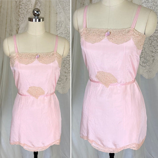 Antique 1920's Pale Pink Silk Chemise with Ecru Cotton Lace, size XS, S - Daggers & Dames