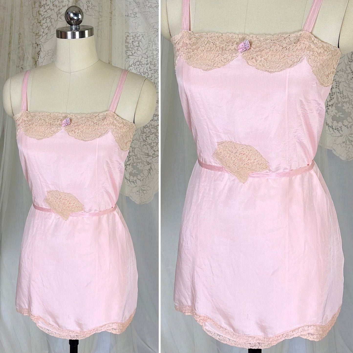 Antique 1920's Pale Pink Silk Chemise with Ecru Cotton Lace, size XS, S - Daggers & Dames