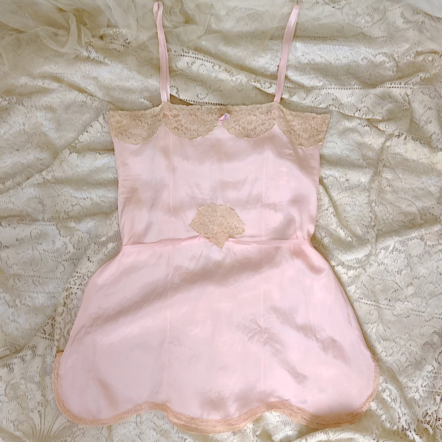Antique 1920's Pale Pink Silk Chemise with Ecru Cotton Lace, size XS, S - Daggers & Dames