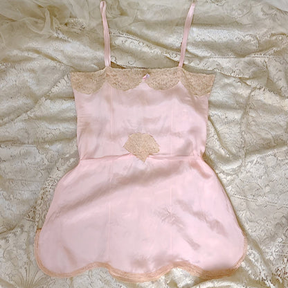 Antique 1920's Pale Pink Silk Chemise with Ecru Cotton Lace, size XS, S - Daggers & Dames