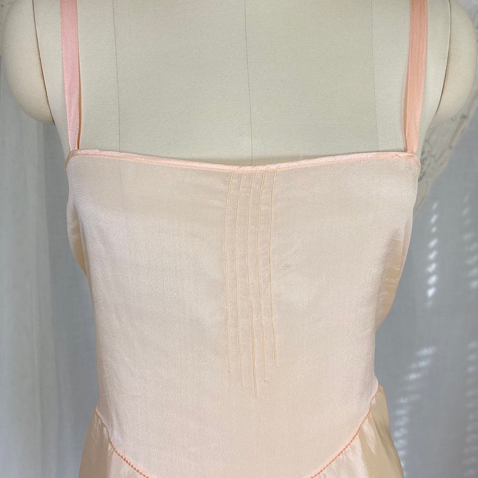 Antique 1920's Palest Peach Silk Step - in Chemise with Chiffon Ruffles - by Nanette Underthings, size S, M - Daggers & Dames
