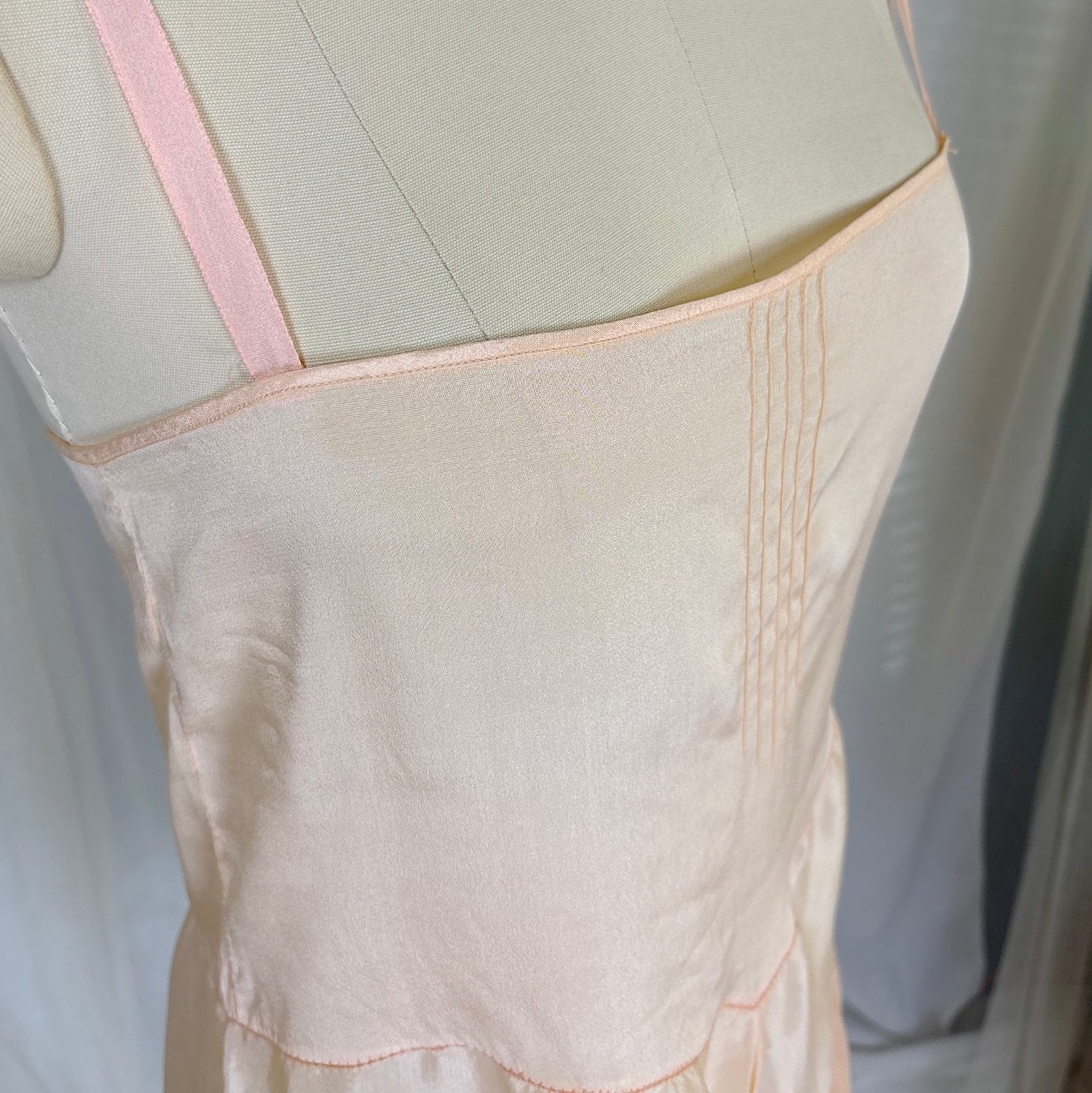 Antique 1920's Palest Peach Silk Step - in Chemise with Chiffon Ruffles - by Nanette Underthings, size S, M - Daggers & Dames