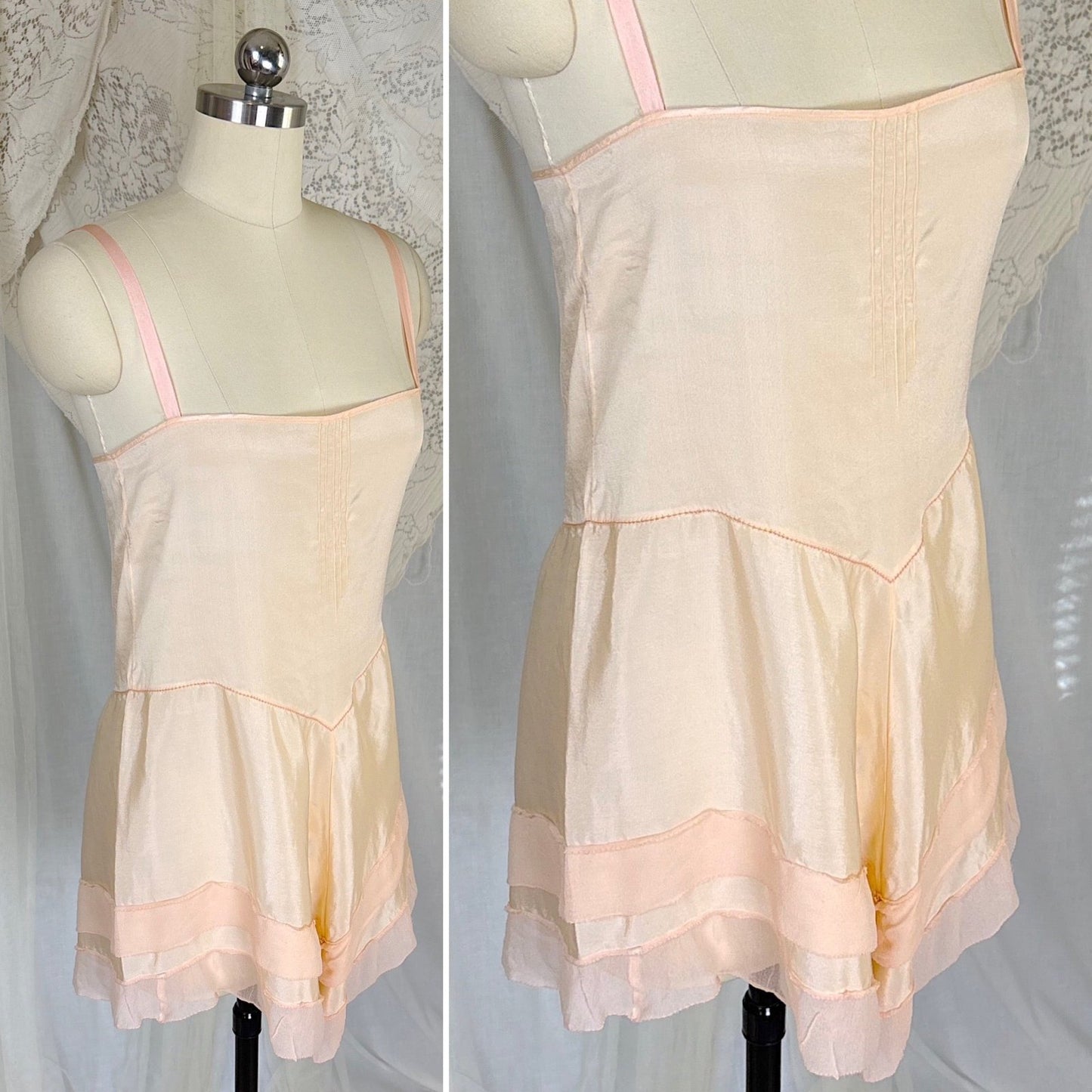 Antique 1920's Palest Peach Silk Step - in Chemise with Chiffon Ruffles - by Nanette Underthings, size S, M - Daggers & Dames