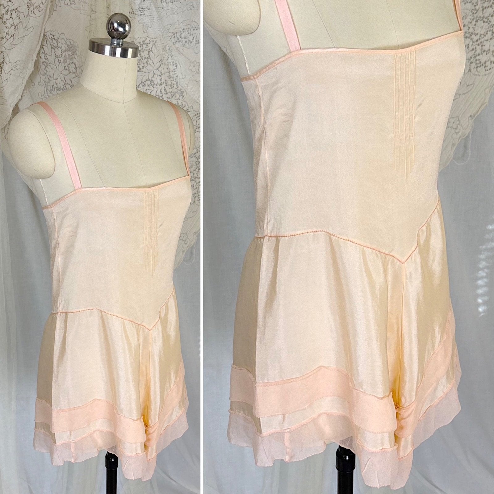 Antique 1920's Palest Peach Silk Step - in Chemise with Chiffon Ruffles - by Nanette Underthings, size S, M - Daggers & Dames