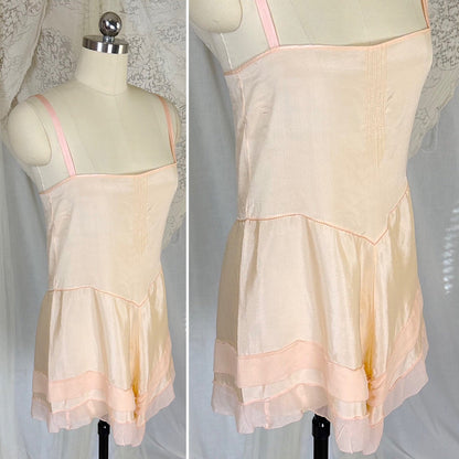 Antique 1920's Palest Peach Silk Step - in Chemise with Chiffon Ruffles - by Nanette Underthings, size S, M - Daggers & Dames