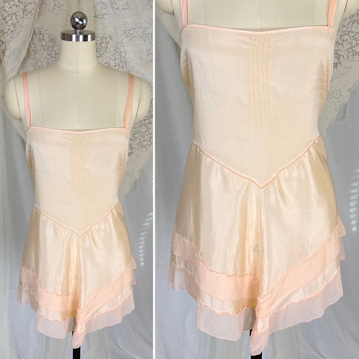 Antique 1920's Palest Peach Silk Step - in Chemise with Chiffon Ruffles - by Nanette Underthings, size S, M - Daggers & Dames