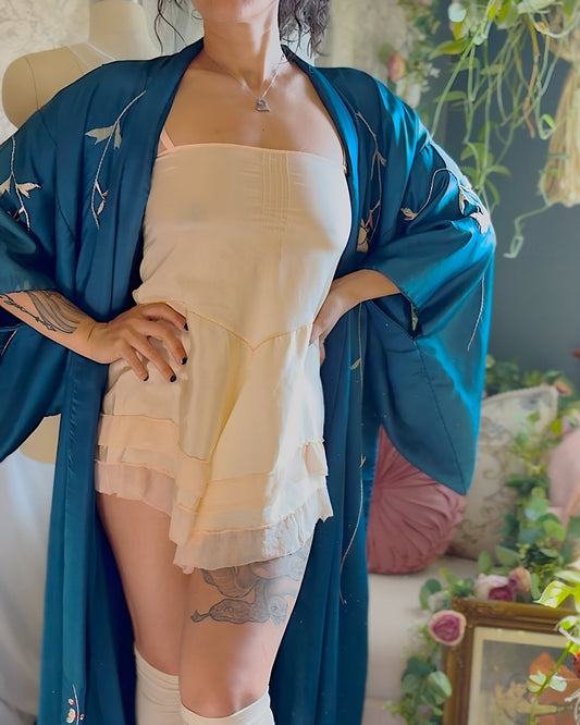 Antique 1920's Palest Peach Silk Step - in Chemise with Chiffon Ruffles - by Nanette Underthings, size S, M - Daggers & Dames