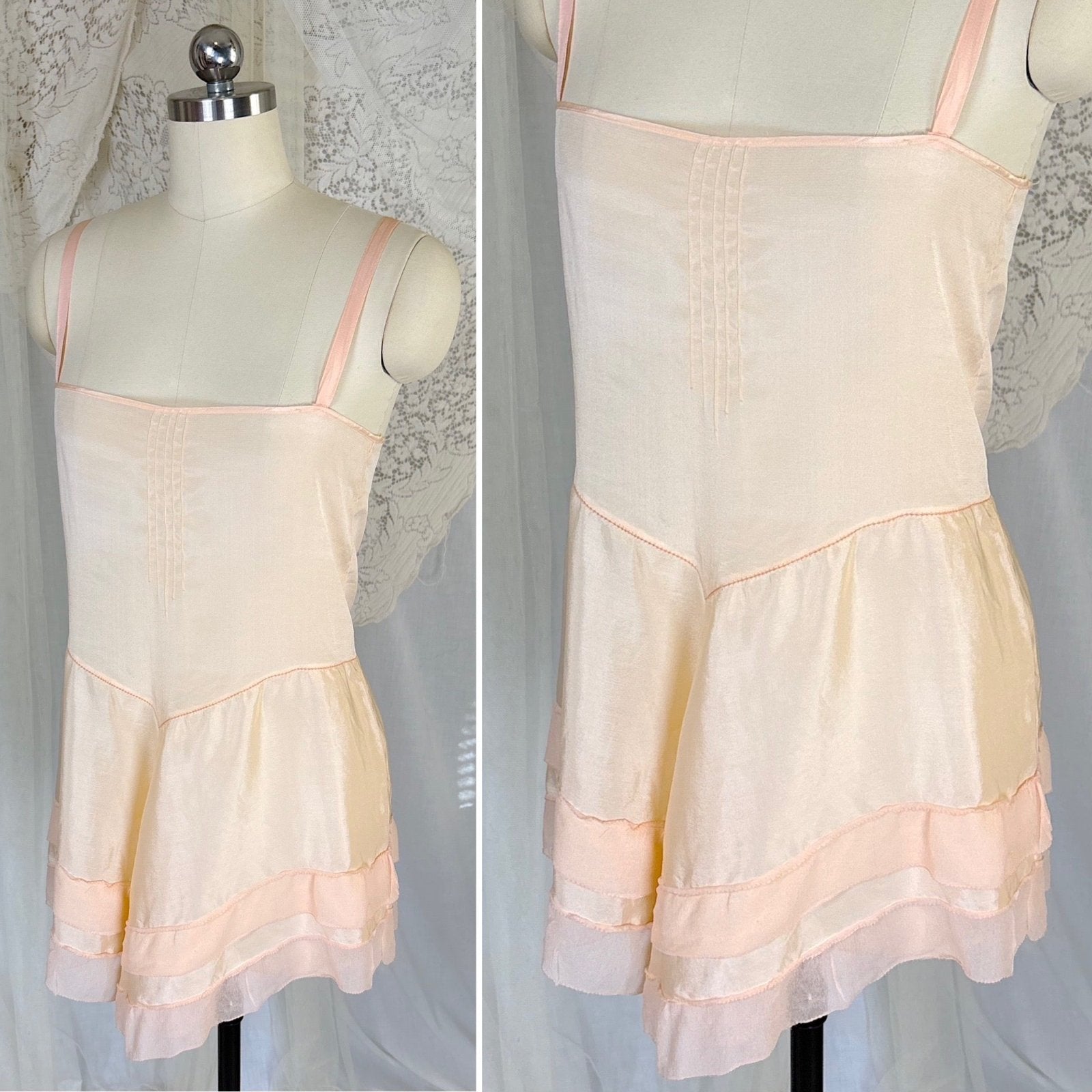 Antique 1920's Palest Peach Silk Step - in Chemise with Chiffon Ruffles - by Nanette Underthings, size S, M - Daggers & Dames