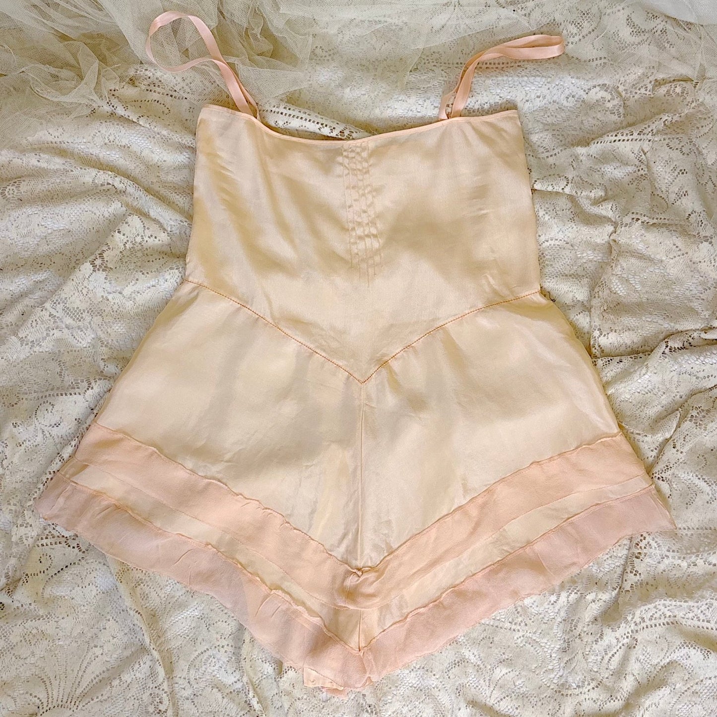 Antique 1920's Palest Peach Silk Step - in Chemise with Chiffon Ruffles - by Nanette Underthings, size S, M - Daggers & Dames