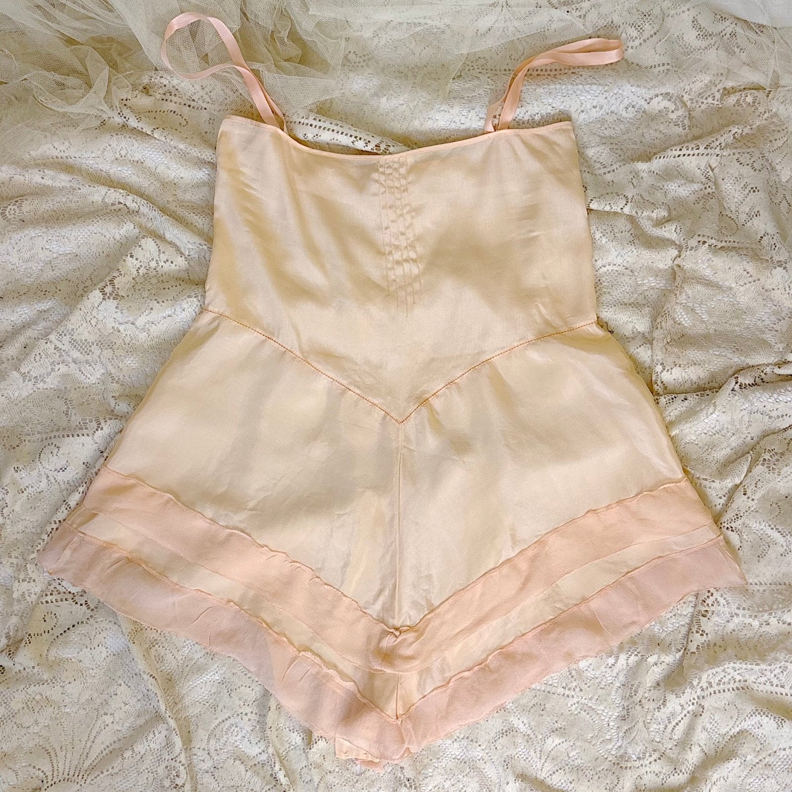 Antique 1920's Palest Peach Silk Step - in Chemise with Chiffon Ruffles - by Nanette Underthings, size S, M - Daggers & Dames