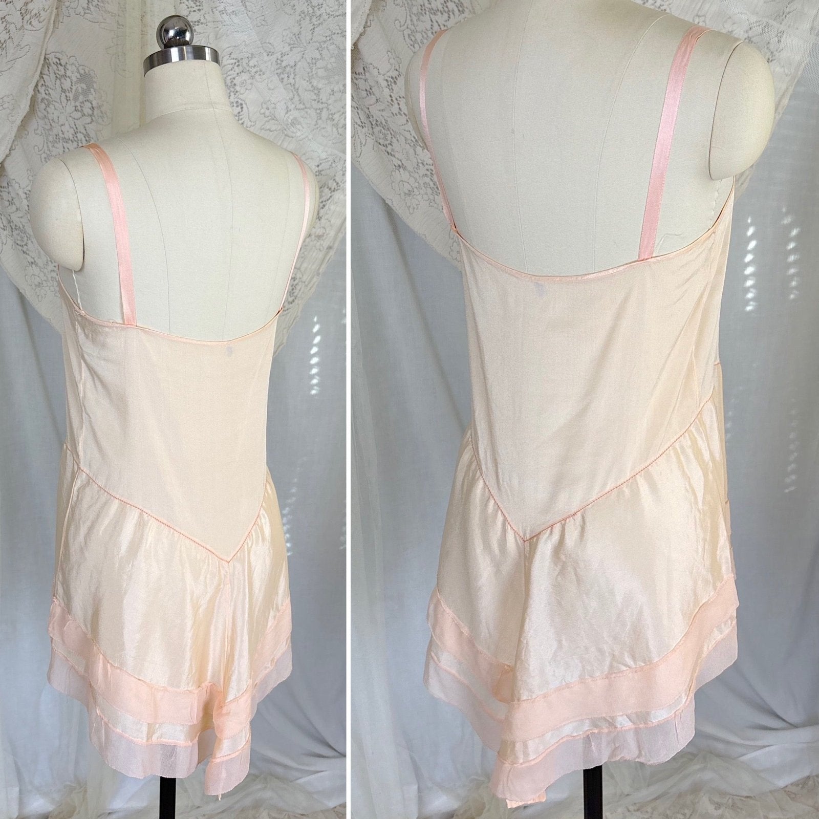 Antique 1920's Palest Peach Silk Step - in Chemise with Chiffon Ruffles - by Nanette Underthings, size S, M - Daggers & Dames