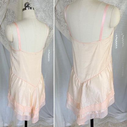 Antique 1920's Palest Peach Silk Step - in Chemise with Chiffon Ruffles - by Nanette Underthings, size S, M - Daggers & Dames