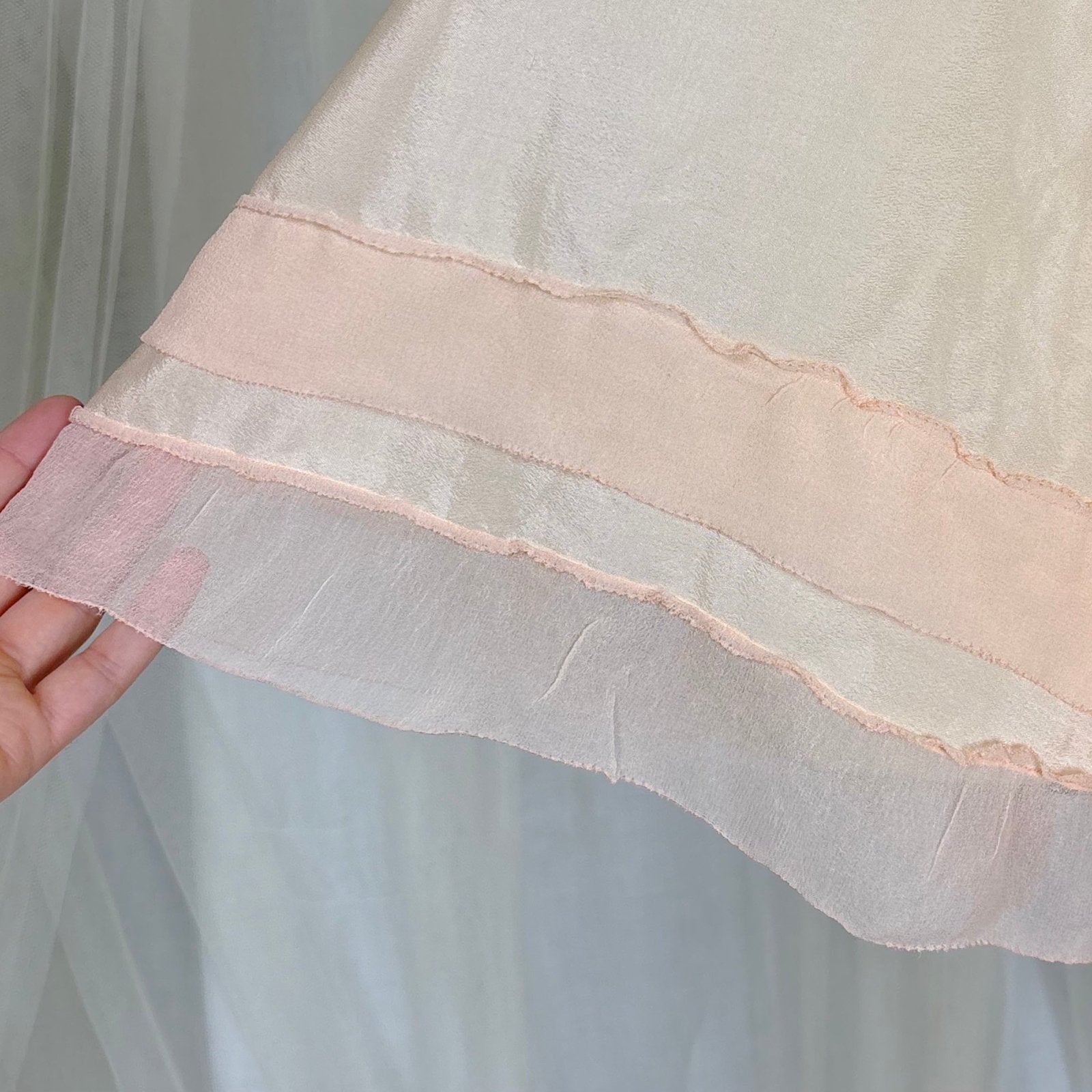 Antique 1920's Palest Peach Silk Step - in Chemise with Chiffon Ruffles - by Nanette Underthings, size S, M - Daggers & Dames