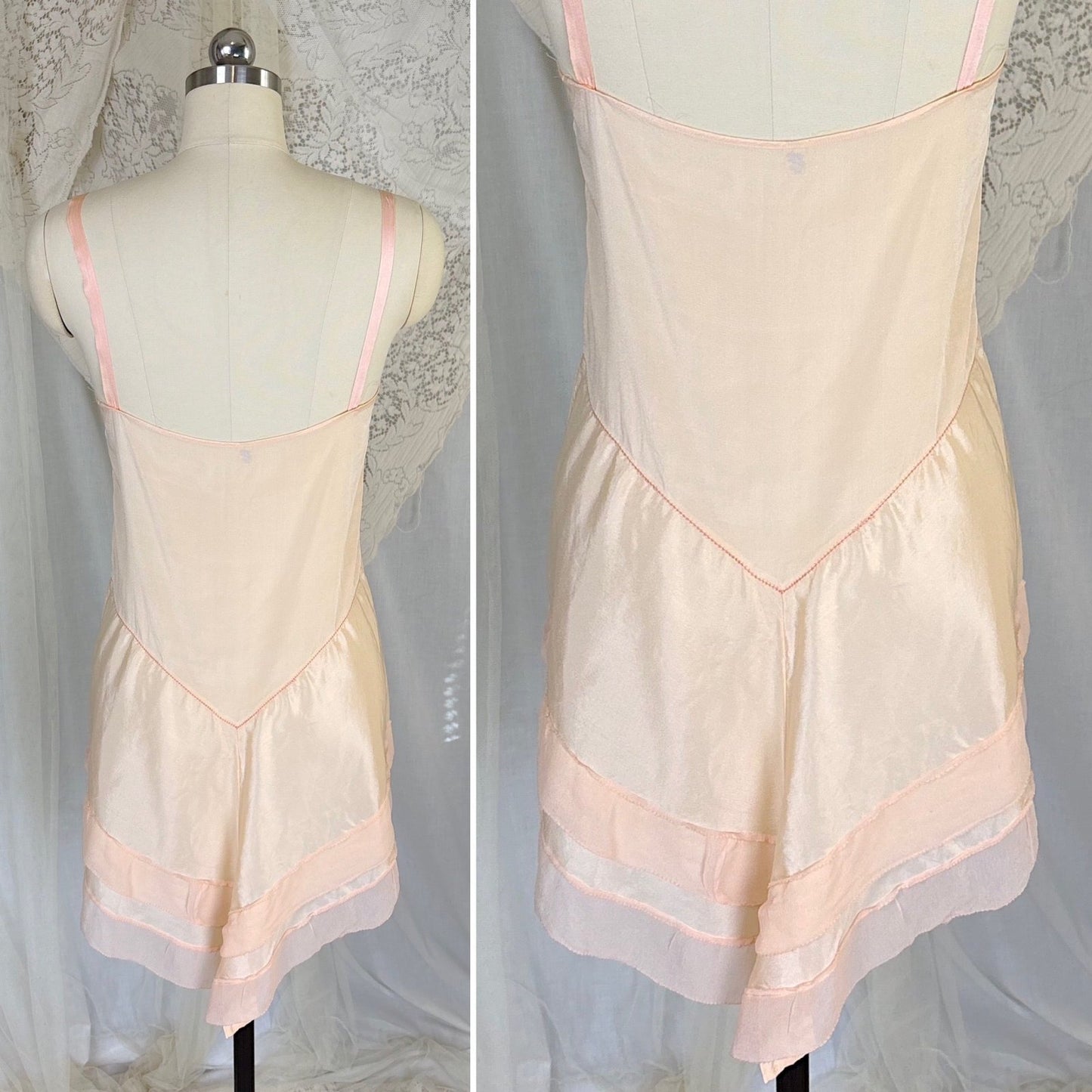 Antique 1920's Palest Peach Silk Step - in Chemise with Chiffon Ruffles - by Nanette Underthings, size S, M - Daggers & Dames