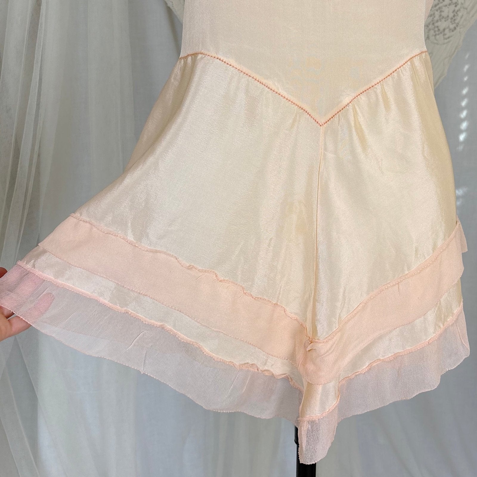 Antique 1920's Palest Peach Silk Step - in Chemise with Chiffon Ruffles - by Nanette Underthings, size S, M - Daggers & Dames