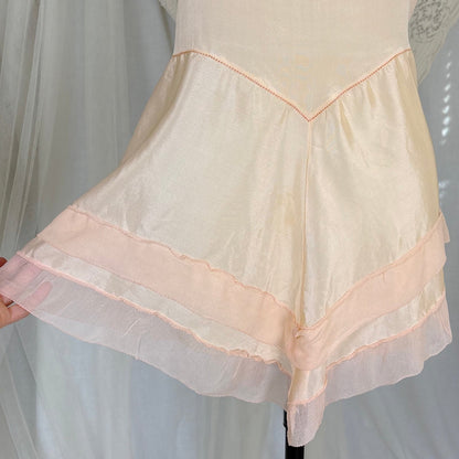 Antique 1920's Palest Peach Silk Step - in Chemise with Chiffon Ruffles - by Nanette Underthings, size S, M - Daggers & Dames