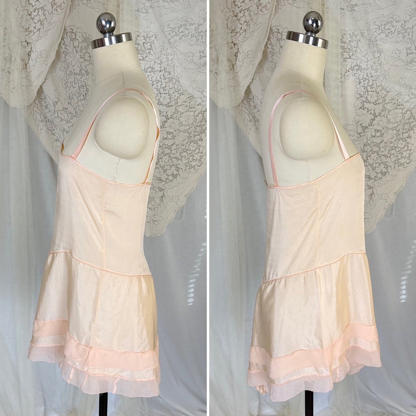 Antique 1920's Palest Peach Silk Step - in Chemise with Chiffon Ruffles - by Nanette Underthings, size S, M - Daggers & Dames