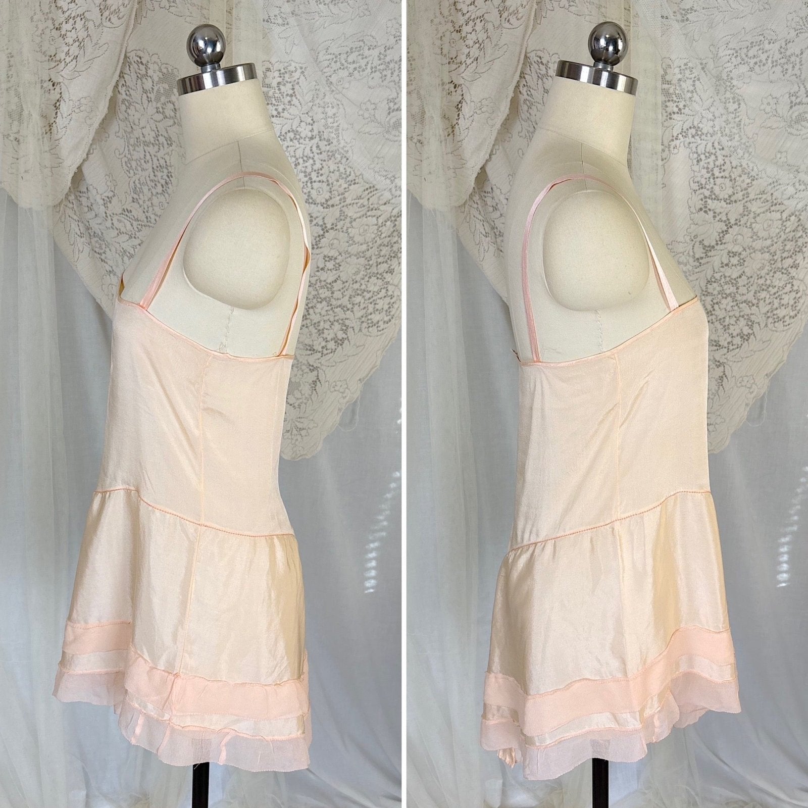 Antique 1920's Palest Peach Silk Step - in Chemise with Chiffon Ruffles - by Nanette Underthings, size S, M - Daggers & Dames
