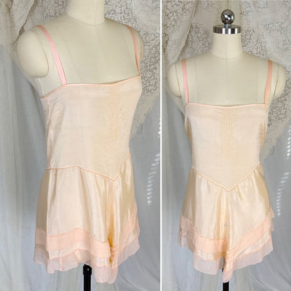 Antique 1920's Palest Peach Silk Step - in Chemise with Chiffon Ruffles - by Nanette Underthings, size S, M - Daggers & Dames