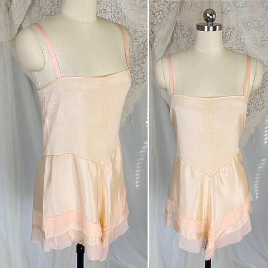 Antique 1920's Palest Peach Silk Step - in Chemise with Chiffon Ruffles - by Nanette Underthings, size S, M - Daggers & Dames