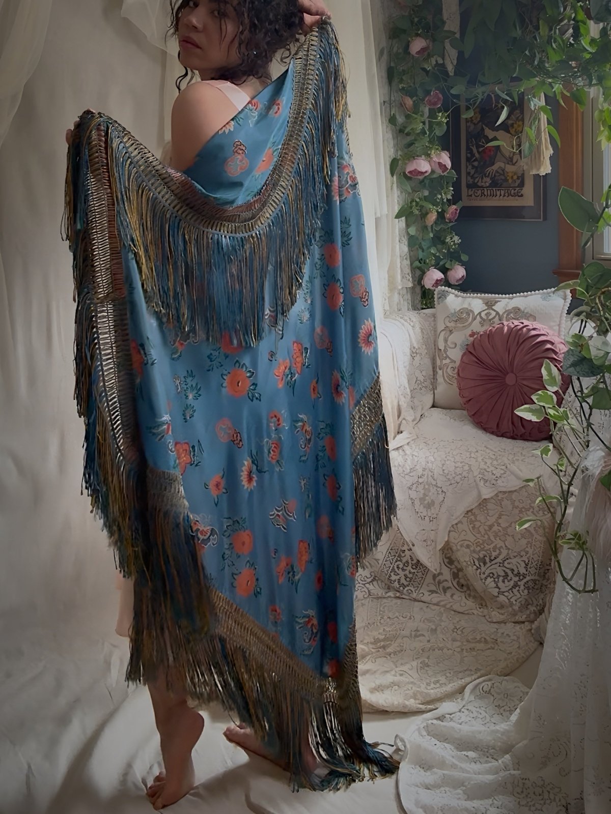 Antique 1920's Piano Shawl - Deep Ash Blue Silk with Bold Coral Floral Motif & Gold Silk Fringe | 62 x 62 inches - Daggers & Dames
