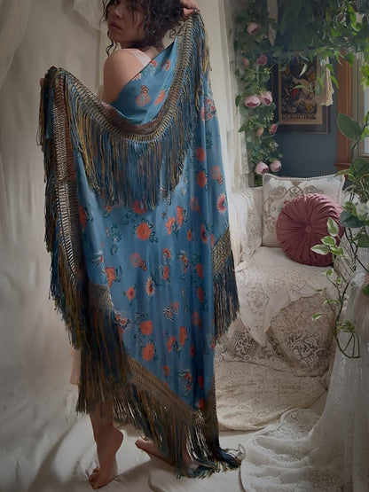 Antique 1920's Piano Shawl - Deep Ash Blue Silk with Bold Coral Floral Motif & Gold Silk Fringe | 62 x 62 inches - Daggers & Dames