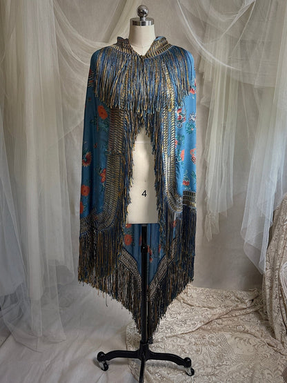 Antique 1920's Piano Shawl - Deep Ash Blue Silk with Bold Coral Floral Motif & Gold Silk Fringe | 62 x 62 inches - Daggers & Dames