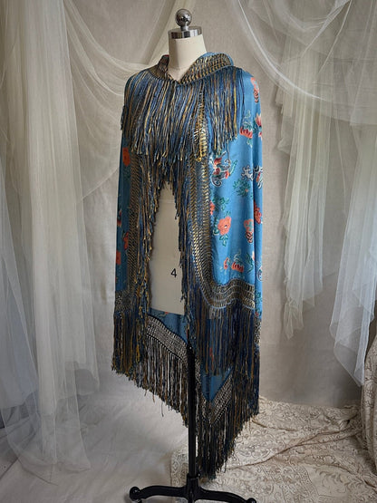 Antique 1920's Piano Shawl - Deep Ash Blue Silk with Bold Coral Floral Motif & Gold Silk Fringe | 62 x 62 inches - Daggers & Dames