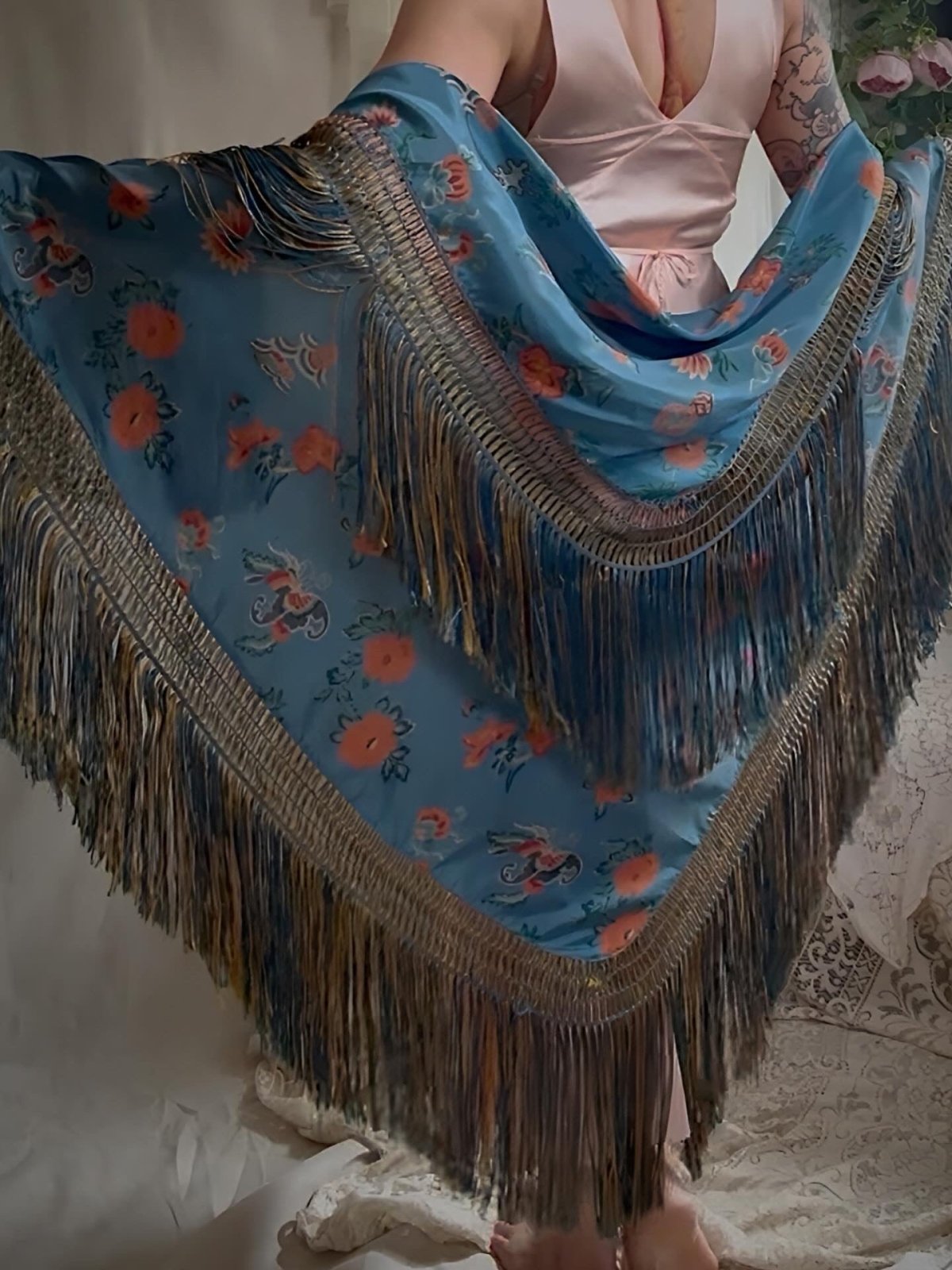 Antique 1920's Piano Shawl - Deep Ash Blue Silk with Bold Coral Floral Motif & Gold Silk Fringe | 62 x 62 inches - Daggers & Dames