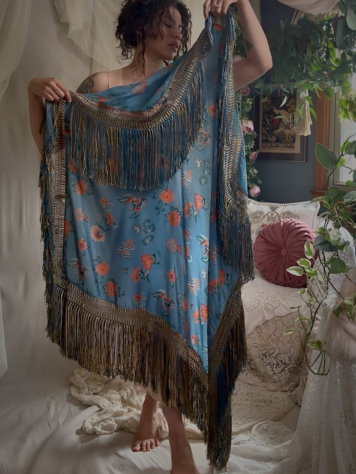 Antique 1920's Piano Shawl - Deep Ash Blue Silk with Bold Coral Floral Motif & Gold Silk Fringe | 62 x 62 inches - Daggers & Dames