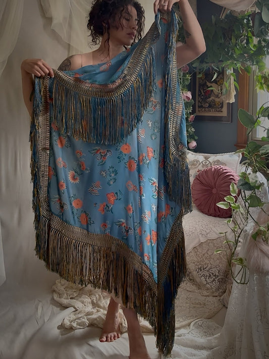 Antique 1920's Piano Shawl - Deep Ash Blue Silk with Bold Coral Floral Motif & Gold Silk Fringe | 62 x 62 inches - Daggers & Dames