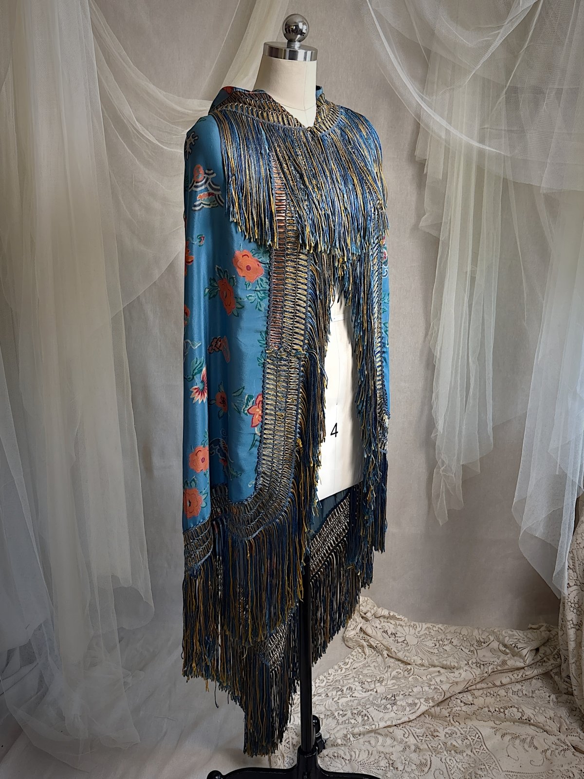 Antique 1920's Piano Shawl - Deep Ash Blue Silk with Bold Coral Floral Motif & Gold Silk Fringe | 62 x 62 inches - Daggers & Dames