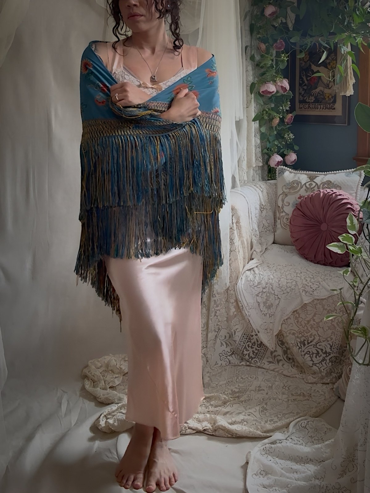 Antique 1920's Piano Shawl - Deep Ash Blue Silk with Bold Coral Floral Motif & Gold Silk Fringe | 62 x 62 inches - Daggers & Dames