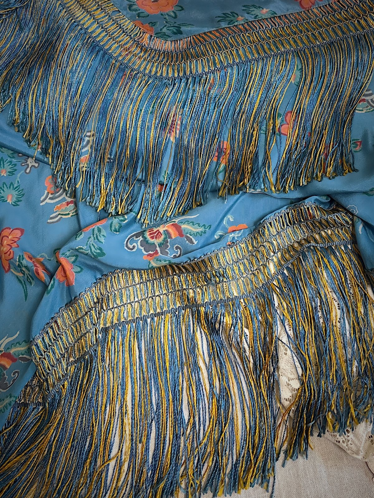 Antique 1920's Piano Shawl - Deep Ash Blue Silk with Bold Coral Floral Motif & Gold Silk Fringe | 62 x 62 inches - Daggers & Dames